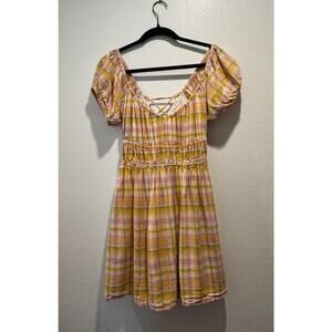 L*Space Belle Plaid Mini Dress Women’s Size XL Open Lace Up Back Linen Blend